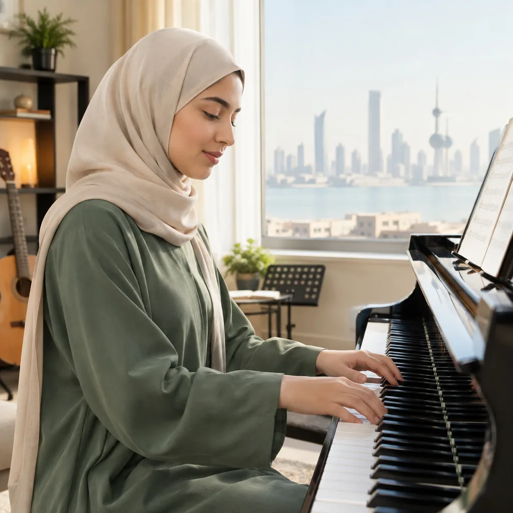 مجموعة فتيات محتشمات يعزفن على الكمان والعود والجيتار في استوديو مضيء بإضاءة طبيعية